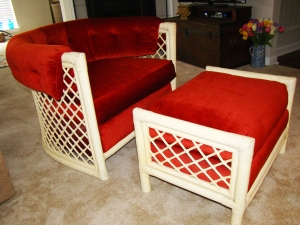 I scored this 1970's rattan and velvet chair and ottoman at my local, favorite thrift store.